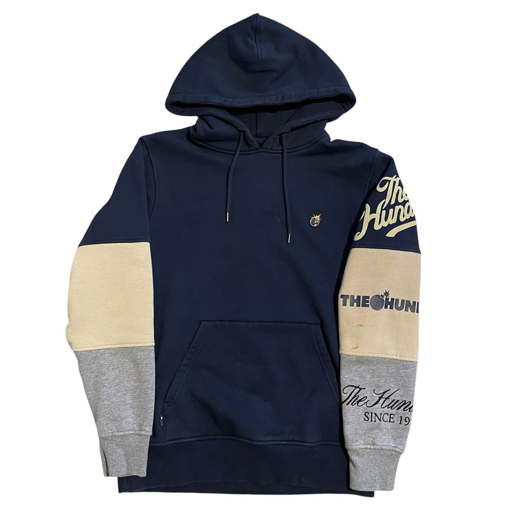The Hundreds Mens Colorblock Hoodie Navy Blue Tan Streetwear Sweatshirt Stains